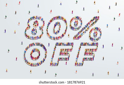 80 % Rabatt. Große Gruppen von Menschen bilden sich eine Form 80% Rabatt zu schaffen. Sonderangebot Verkaufsdesign. Vektorgrafik von Werbebannern.
