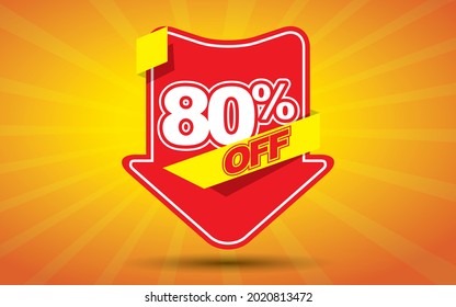 80 percent off on a red arrow and yellow background.