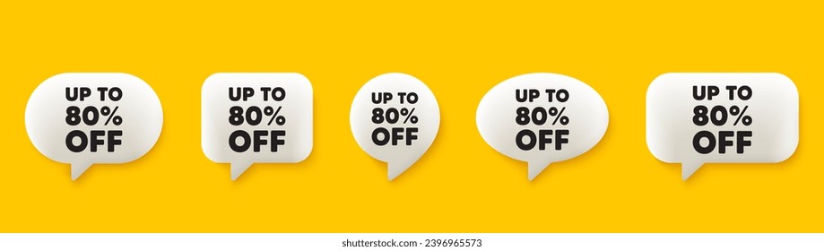 Up to 80 percent off sale. 3d chat speech bubbles set. Discount offer price sign. Special offer symbol. Save 80 percentages. Discount tag talk speech message. Talk box infographics. Vector