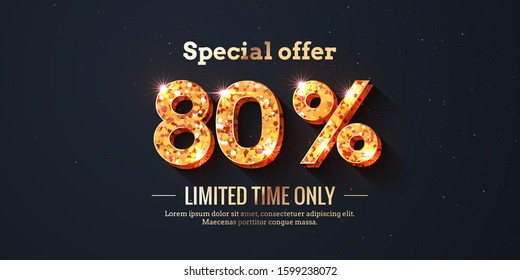 80 Percent Off Sale Background with golden numbers. For new year and black friday shop discount design templates