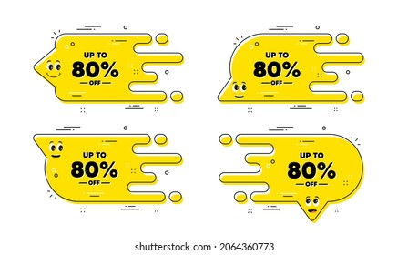 Up to 80 percent off Sale. Cartoon face transition chat bubble. Discount offer price sign. Special offer symbol. Save 80 percentages. Discount tag pattern message. Character chat bubble. Vector