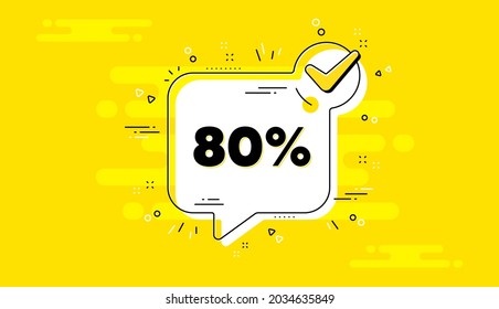 80 percent off Sale. Check mark yellow chat banner. Discount offer price sign. Special offer symbol. Discount approved chat message. Checklist background. Vector