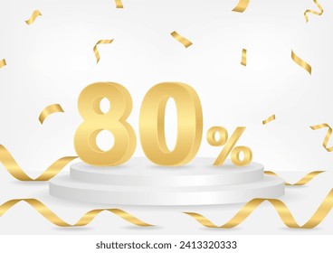 80% or 80 Percent Off Sale Discount on Stage Podium with Ribbon and Confetti. 80% Sale Discount or Commission. Vector Illustration.