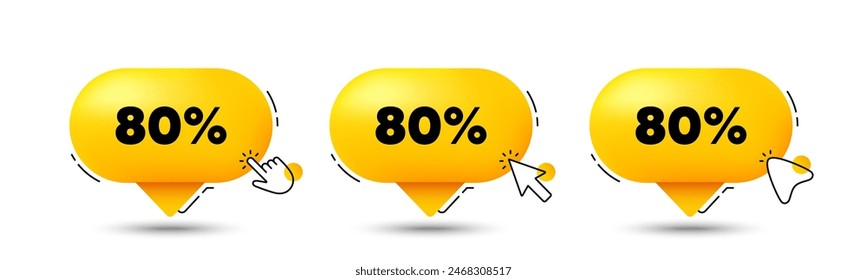 80 percent off sale tag. Click here buttons. Discount offer price sign. Special offer symbol. Discount speech bubble chat message. Talk box infographics. Vector