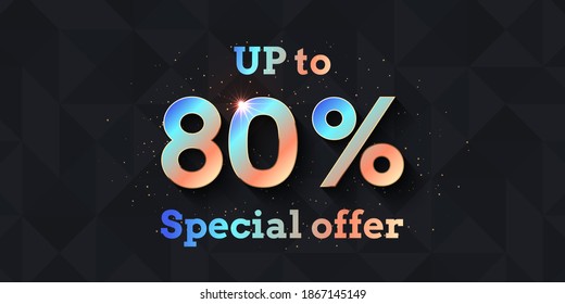 80 Percent Offer Background with shining numbers on black background. Sale banner template design. New Year, Black Friday holiday seasonal discount template