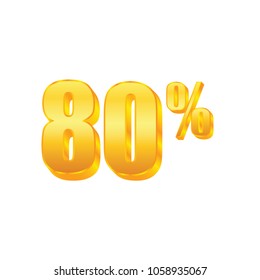 80 percent on white background, 3D gold isolated vector image