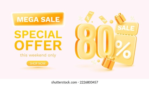 80 percent Special offer mega sale, Check and gift box. Sale banner and poster. Vector illustration.