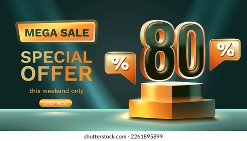 80 Prozent Sonderangebot Mega-Verkauf, Scheck und Geschenkbox. Verkaufen Sie Banner und Poster. Vektorgrafik.