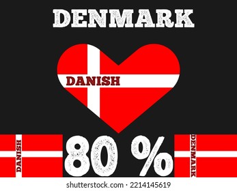 80% percentage Denmark sign label vector art illustration with flag color. White, red color and black background. Banner template design for social media and website with heart shape.