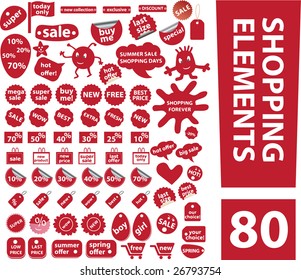 80 red shopping elements (labels, stickers, price tags) - vector set