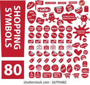 80 red summer-spring shopping symbols vector set