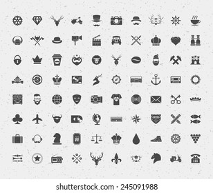 80 retro style objects for isnsignia, t shirt, label design. Constains objects and icons: hipster, deer, lions, hipster, crown, bear, heart and other. Vector illustration. 