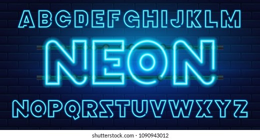 80 s blue neon retro font. Futuristic chrome letters. Bright Alphabet on dark background. Light Symbols Sign for night show in club. concept of galaxy space. Set of types. Outlined version.