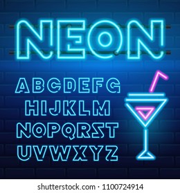 80 s blue neon retro font. Futuristic chrome letters. Bright Alphabet on dark background. Light Symbols Sign for night show in club. concept of galaxy space. Set of types. Outlined version.