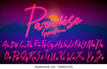 80 s blue purple retro font. Futuristic script, chrome letters. Bright Alphabet on dark background. Light Symbols for night show in club. Galaxy space lettering. Set of types. Outlined version.