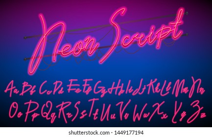 80 S Blue Purple Retro Font. Futuristic Script, Chrome Letters. Bright Alphabet On Dark Background. Light Symbols For Night Show In Club. Galaxy Space Lettering. Set Of Types. Outlined Version.