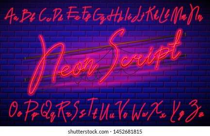 80 S Blue Purple Retro Font. Futuristic Script, Chrome Letters. Bright Alphabet On Dark Background. Light Symbols For Night Show In Club. Galaxy Space Lettering. Set Of Types. Outlined Version.
