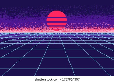 80 s purple city. Pixel art 8 bit object. Fashion poster. Retro game assets. Futuristic Video arcade. Vector illustration.