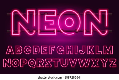 80 s purple neon retro font. Futuristic chrome letters. Bright Alphabet on dark background. Light Symbols Sign for night show in club. concept of galaxy space. Set of types. Outlined version.