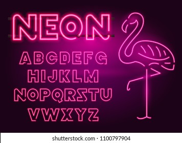 80 s purple neon retro font and flamingo. Futuristic chrome letters. Bright Alphabet on dark background. Light Symbols Sign for night show in club. concept of galaxy space. Outlined version.