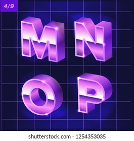 80 s retro alphabet font. Metallic effect type letters and numbers.