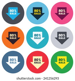 80% sale arrow tag sign icon. Discount symbol. Special offer label. Colored round buttons. Flat design circle icons set. Vector