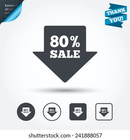 80% sale arrow tag sign icon. Discount symbol. Special offer label. Circle and square buttons. Flat design set. Thank you ribbon. Vector