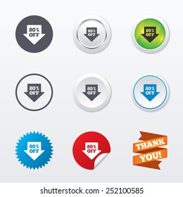 80% sale arrow tag sign icon. Discount symbol. Special offer label. Circle concept buttons. Metal edging. Star and label sticker. Vector
