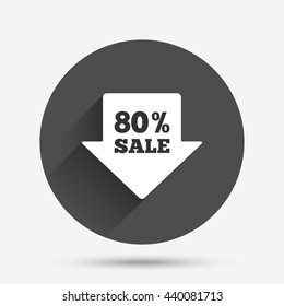 80% sale arrow tag sign icon. Discount symbol. Special offer label. Circle flat button with shadow. Vector