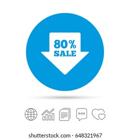 80% sale arrow tag sign icon. Discount symbol. Special offer label. Copy files, chat speech bubble and chart web icons. Vector