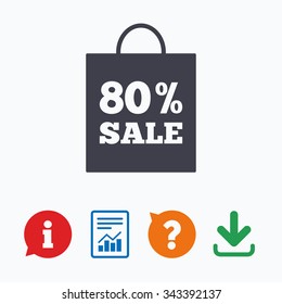 80% sale bag tag sign icon. Discount symbol. Special offer label. Information think bubble, question mark, download and report.