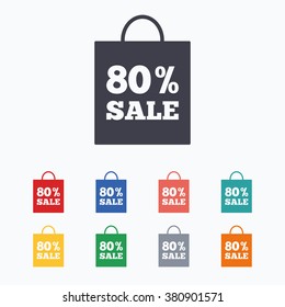 80% sale bag tag sign icon. Discount symbol. Special offer label. Colored flat icons on white background.