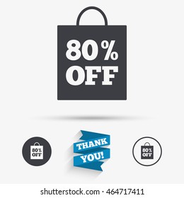 80% sale bag tag sign icon. Discount symbol. Special offer label. Flat icons. Buttons with icons. Thank you ribbon. Vector