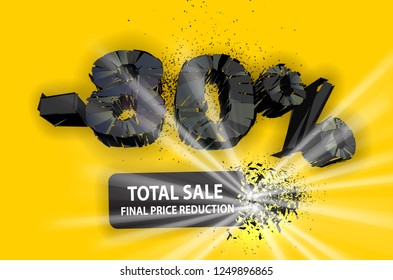 80% sale black sign with exploding plate. Vector illustration. Yellow background