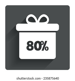 80% sale gift box tag sign icon. Discount symbol. Special offer label. Gray flat square button with shadow. Modern UI website navigation. Vector