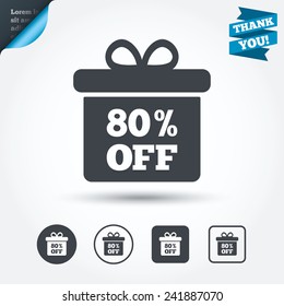 80% sale gift box tag sign icon. Discount symbol. Special offer label. Circle and square buttons. Flat design set. Thank you ribbon. Vector
