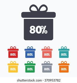 80% sale gift box tag sign icon. Discount symbol. Special offer label. Colored flat icons on white background.