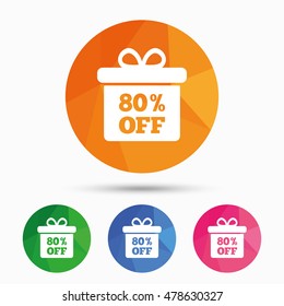 80% sale gift box tag sign icon. Discount symbol. Special offer label. Triangular low poly button with flat icon. Vector