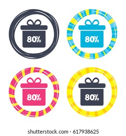 80% sale gift box tag sign icon. Discount symbol. Special offer label. Colored buttons with icons. Poker chip concept. Vector