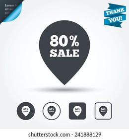 80% sale pointer tag sign icon. Discount symbol. Special offer label. Circle and square buttons. Flat design set. Thank you ribbon. Vector