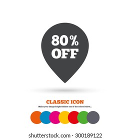 80% sale pointer tag sign icon. Discount symbol. Special offer label. Classic flat icon. Colored circles. Vector