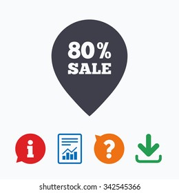 80% sale pointer tag sign icon. Discount symbol. Special offer label. Information think bubble, question mark, download and report.