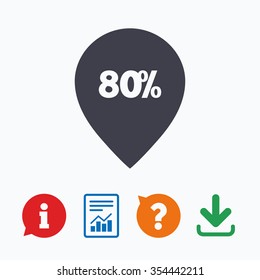 80% sale pointer tag sign icon. Discount symbol. Special offer label. Information think bubble, question mark, download and report.