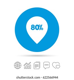 80% sale pointer tag sign icon. Discount symbol. Special offer label. Copy files, chat speech bubble and chart web icons. Vector