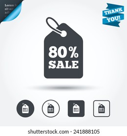 80% sale price tag sign icon. Discount symbol. Special offer label. Circle and square buttons. Flat design set. Thank you ribbon. Vector