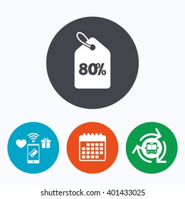 80% sale price tag sign icon. Discount symbol. Special offer label. Mobile payments, calendar and wifi icons. Bus shuttle.