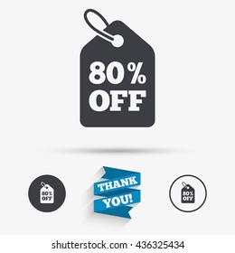 80% sale price tag sign icon. Discount symbol. Special offer label. Flat icons. Buttons with icons. Thank you ribbon. Vector