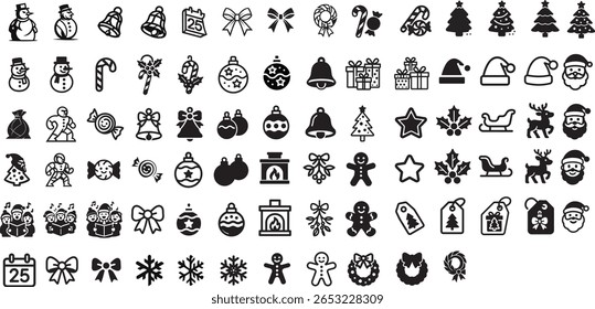 80+ set of Christmas ornaments calendar , Christmas tree deer head  hat star ball gift box  icon vector illustration in eps format 