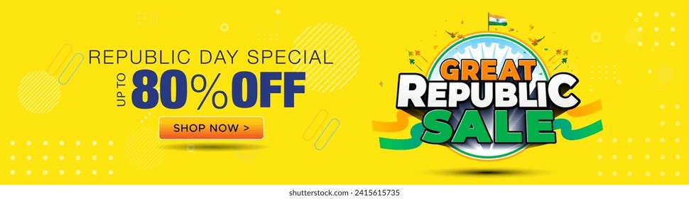 80% of Shopping and advertising promotional website banner with sales, offer, deal, discount design. Happy Republic Day of India. Indian tricolor flag with Great Republic sale 3d text.