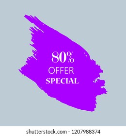 80% special offer sign over art purple brush acrylic stroke paint abstract texture background vector illustration. Acrylic paint brush stroke. Grunge ink brush stroke. Offer layout design for shop.